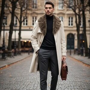 Gleneagles Huntsville Rain Trench Coat Mens Sz 46L Puffer Trim Beige Ourdoor USA